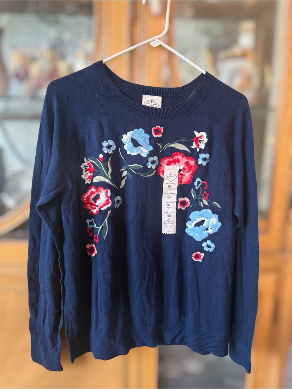 St. John's Bay Navy Sweater with Embroidered Flowers